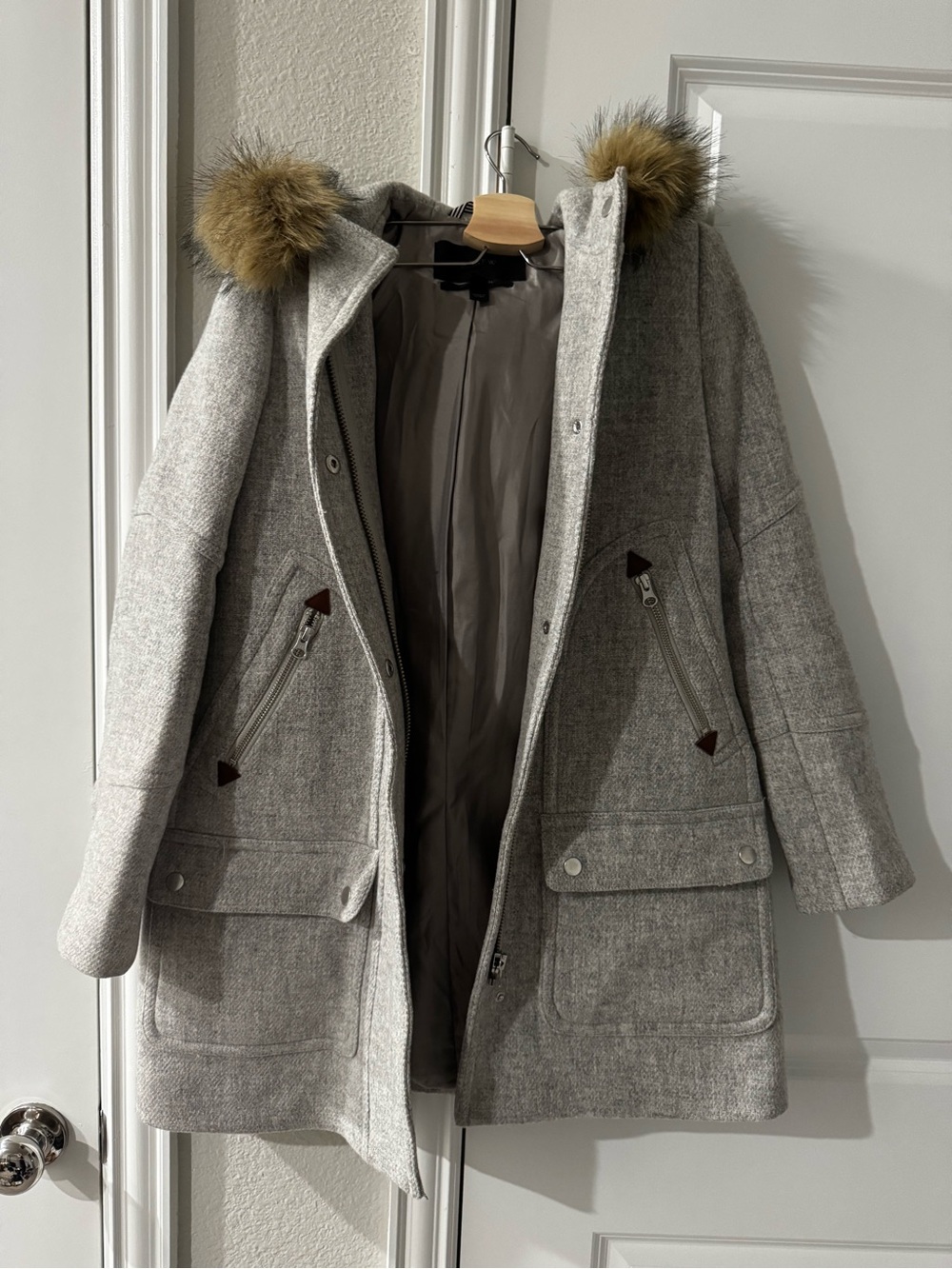 J. Crew Light Gray Italian Wool-Blend Winter Coat with Faux Fur Hood Trim